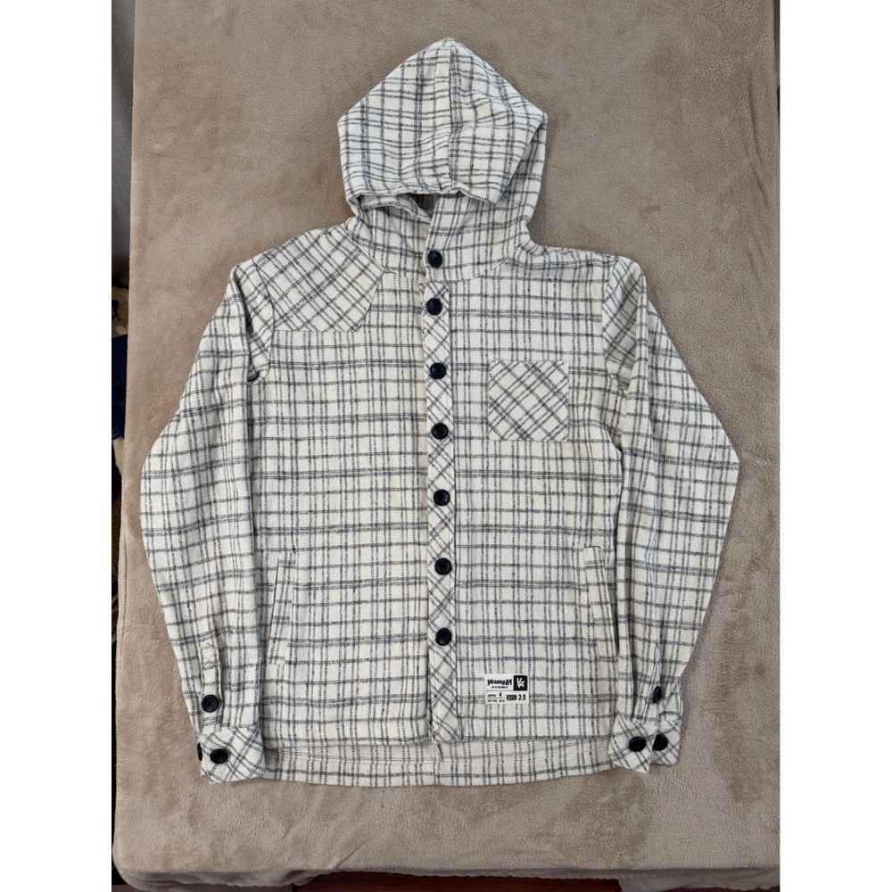 YoungLA 431‎ Plaid Hooded Shirt Mens Size M Cream black Button Up Chapter 4 EUC